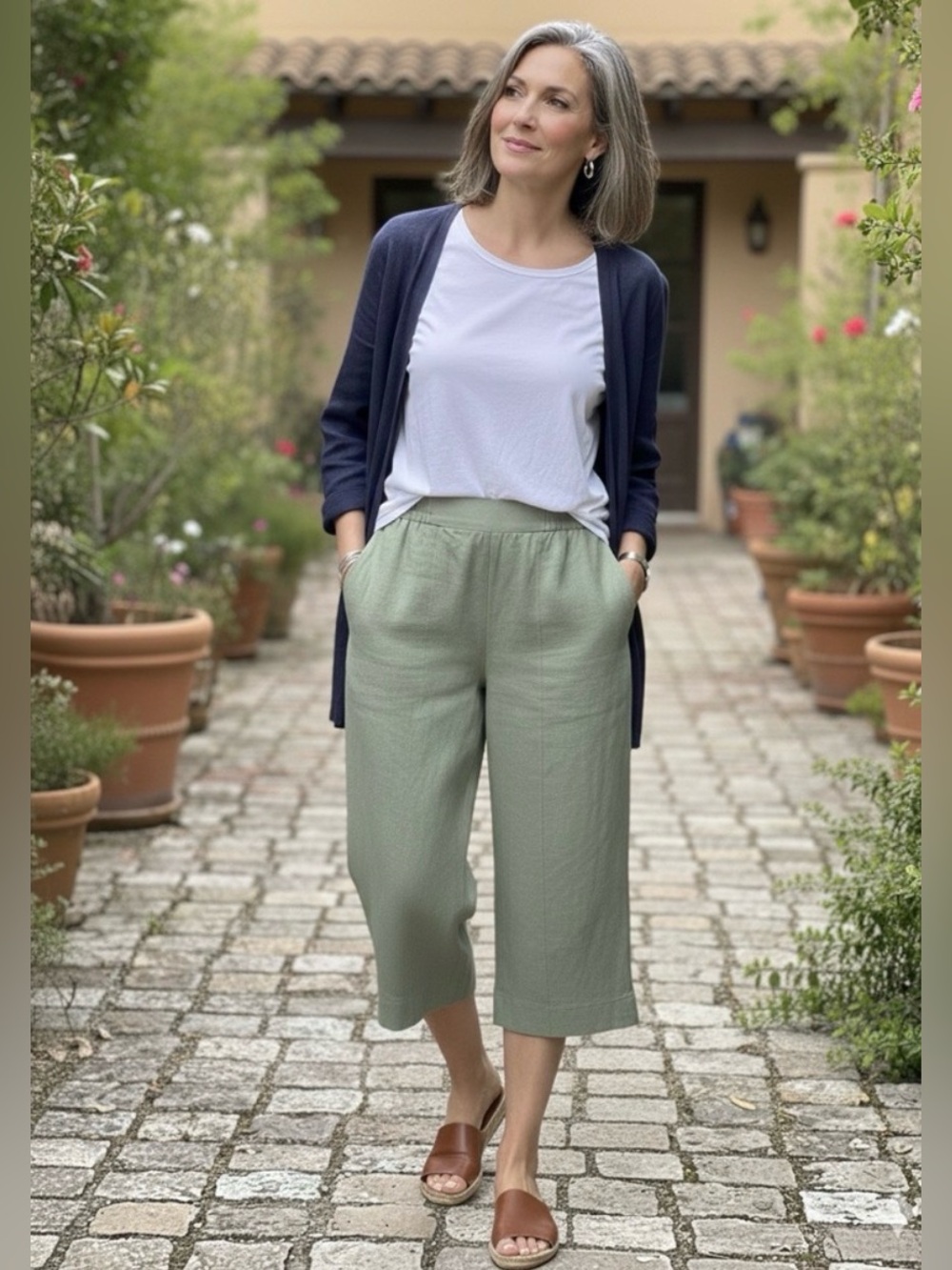 Nine West NWT Linen Blend Pants Medium Sage Green Pull On Cropped Wide Leg M